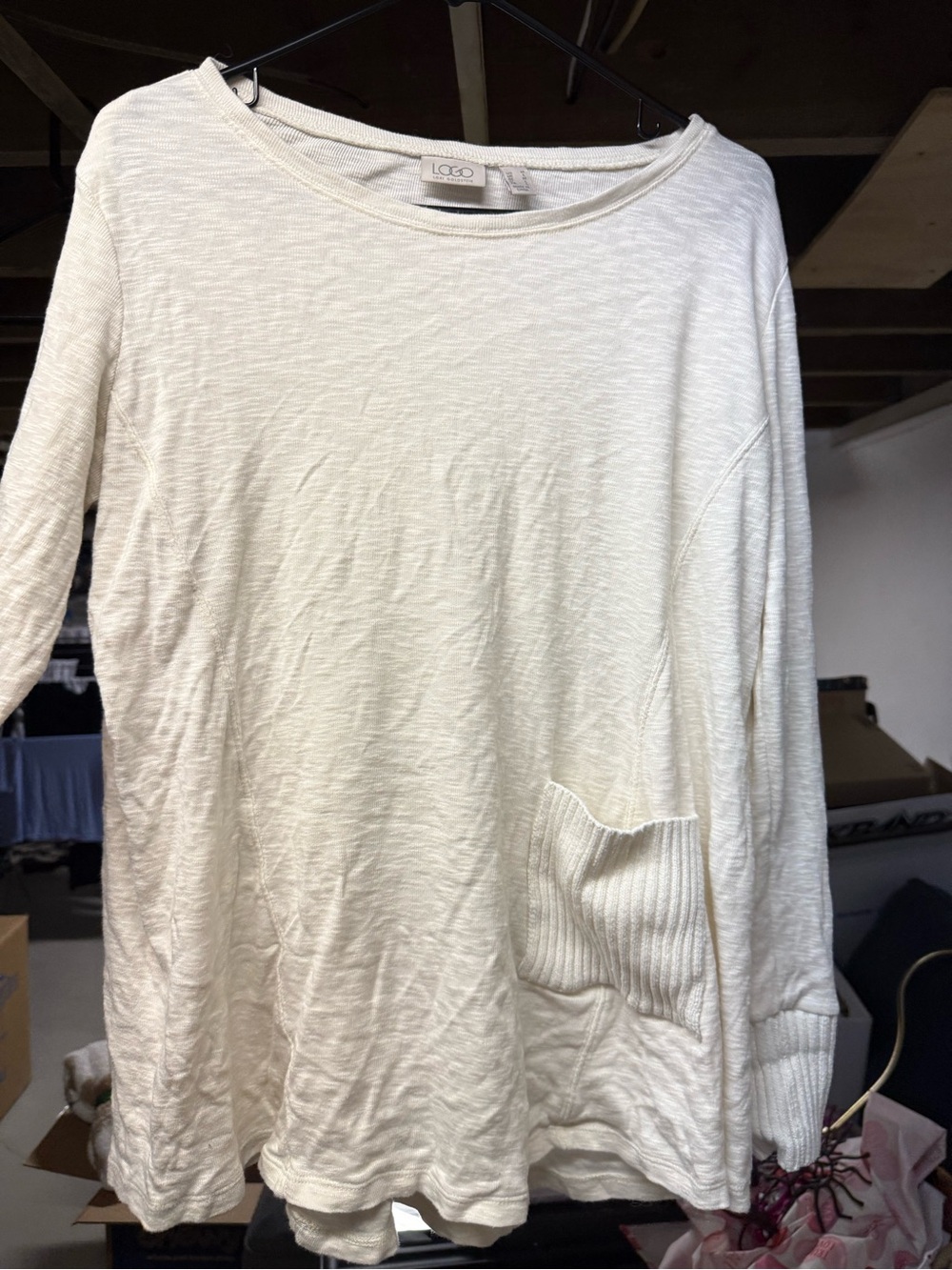 LOGO by Lori Goldstein Cream Long Sleeve Pocket Tee